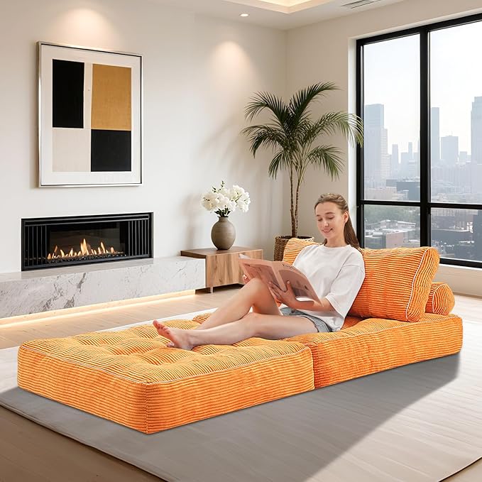 HABUTWAY Folding Sofa Bed, Convertible Sleeper Chair Bed w/Dual-Pillow & Handle, Foldable Floor Sofa Lounge w/Back Support for Living Room, Bedroom, Apartment, Office, Single, Orange