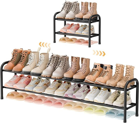 ENJOYBASICS Expandable Shoe Rack, 46.5'' Wide - 12 Pairs Adjustable Shoe Organizer Shelf for Closet, 2-Tier Black Metal Free Standing Shoe Rack Storage for Small Space, Entryway