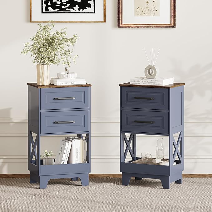Tall Nightstand Set of 2 Side Table Modern Night Stand with 2 Drawers Wooden Rustic End Table Bedside Table with Upper Open Shelf Solid Feet for Bedroom Navy Blue+Walnut