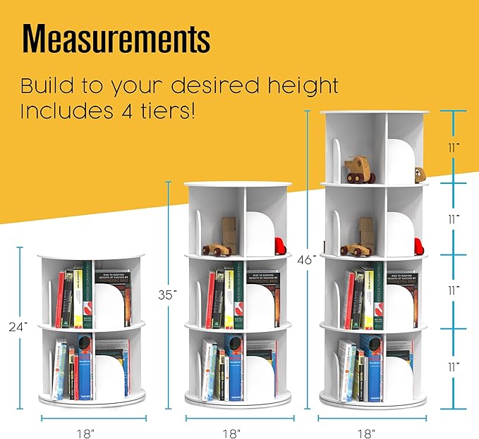 Houseables Rotating Bookshelf, Revolving Bookcase, Spinning Book Shelf, 4 Tier, White, Wood, 360 Degrees Bookshelves, Floor Stand, Rotation Display Tower, Stackable, Round, Turning, for Kids, Children