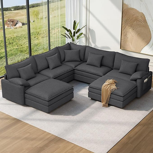 Vesgantti 101" V-Shaped Corner Couch Sectional, 7 Seat Customizable Modular Cloud Couches with Movable Ottoman, Corduroy Deep Seat Sofa Set with Chaise for Living Room, Bedroom and Apartment, Gray | Sink-in Comfort, Height Adjustable, Easy Rearrangemen...