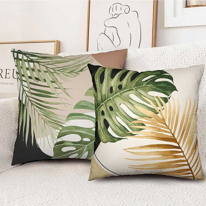 Spring Summer Green Palm Leaf Decorative Throw Pillow Covers 24x24 Inch Set of 2 Tropical Banana Leaves Monstera Plant Pillow Cases Modern Farmhouse Cushion Cover for Home Couch Sofa