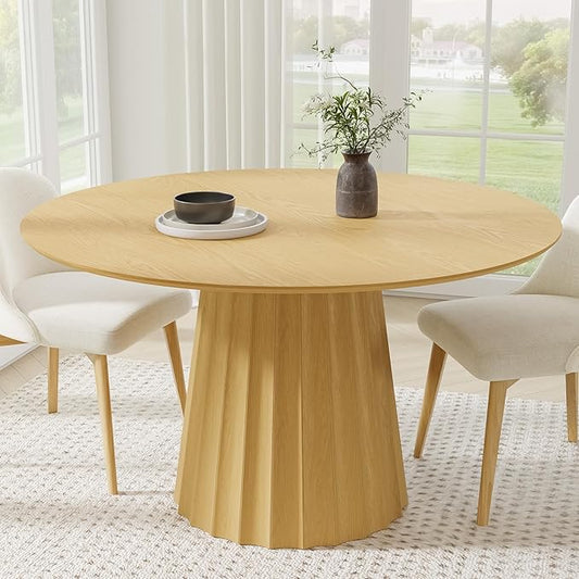 Casaphoria 52" Round Dining Table, Modern Wood Kitchen Table with Cone Shaped Strip Concave Base for Living Room & Dining Room, Easy Assembly Farmhouse Furniture for 4-6, Oak