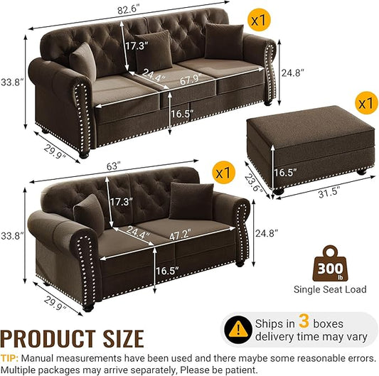 KEIKI 2-Piece Chesterfield Sofa Set with 1 Velvet 3-Seater Sofa & 1 Loveseat Sofa, Upholstered 5-Seater Couch Set with Nailhead Trim & Rolled Arms & 1 Ottoman & 5 Pillow, for Living Room, Brown
