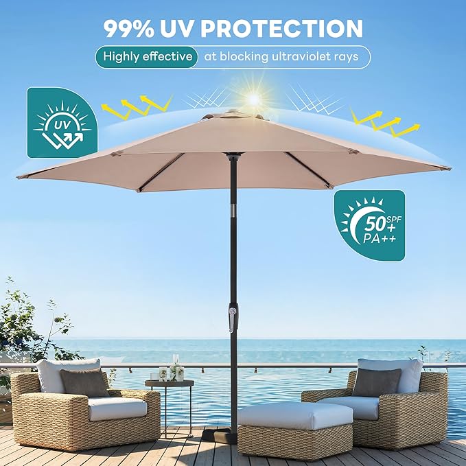 OLIXIS Patio Umbrella with Tilt and Crank Button & Sturdy Ribs Waterproof, Patio Table Umbrella Perfect for Poolside, Terrace, Beach and Outdoor Restaurant