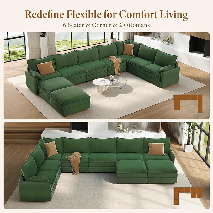 Vesgantti Large Modular Sectional Sofa, Big Comfy Cloud Couch with Ottoman Deep Seat Chenille Cloud Sofa, 9 Seater Large Sectional Couches for Living Room, Bedroom and Apartment, Green | Sink-in Comfort, Height Adjustable, Easy Rearrangement, Extra-dee...