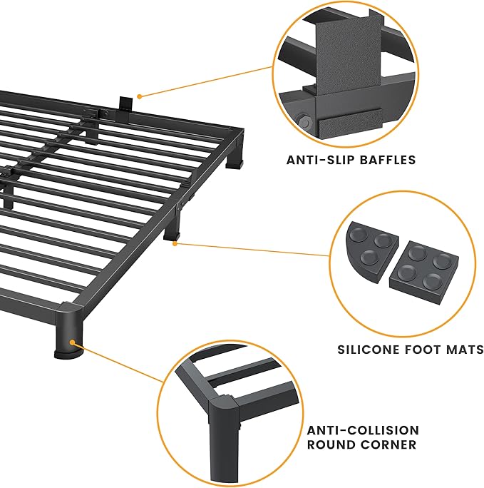 7 Inch Queen Bed Frame, Metal Platform Bed Frame with Round Corner Legs, 3500 lbs Heavy Duty Steel Slats Support, No Box Spring Needed, Noise Free, Easy Assembly, Black