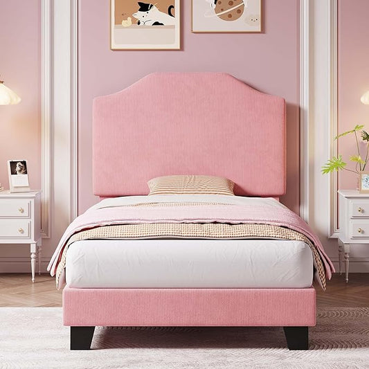Twin Size Velvet Bed Frame, Corduroy Upholstered Twin Bed Frames Platform with Adjustable Headboard, Cute Velvet Twin Bed, Strong Wooden Slats, No Box Spring Needed, Noise Free, Easy Assembly, Pink