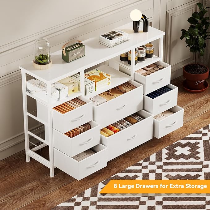 8-Drawer Fabric Dresser TV Stand - Sturdy Steel Frame & Wood Top Chest of Drawers, Lightweight Storage Organizer for Bedroom, Closet, Entryway (White)