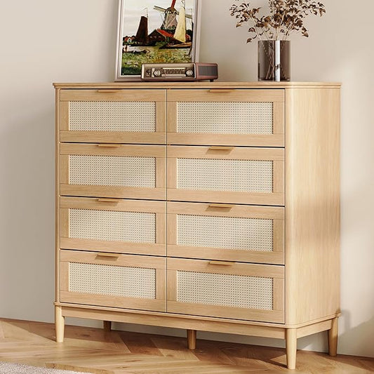 LINSY Rattan 8 Drawer Dresser for Bedroom, 47" Wide Mid-Century Modern Tall Chest of Drawers, Deep Storage Dresser with Curved Corner Design, Large Accent Wood Cabinet for Bedroom, Oak