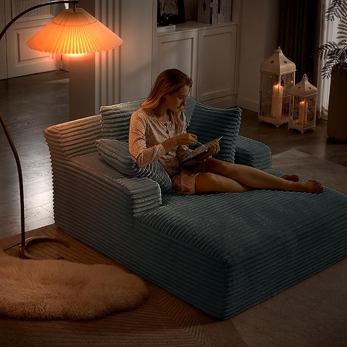49.2" Oversized Chaise Lounge Daybed Plush Corduroy Upholstered Boneless Memory Foam Cloud Couch Sofabed, Lazy Lounger Chairs with Deep Seat, No Assembly Required Cloud Comfy Couches for Living Room