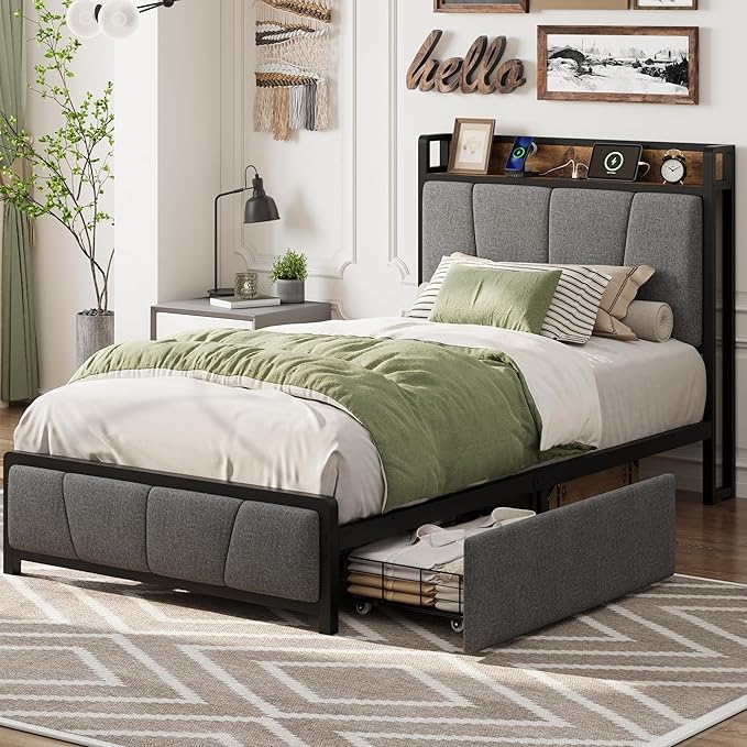 GAOMON Twin Size Bed Frame with 2 Storage Drawers and Charging Station, Rustic Linen Upholstered Platform Bedframe with Storage Headboard, Heavy Duty, No Box Spring Needed, Easy Assembly, Noise Free