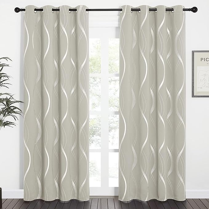 NICETOWN Room Darkening Curtains for Bedroom, Natural, 2 Panels, 52 x 84 inch, Noise Reducing Thermal Insulated Wave Line Foil Print Design Blackout Curtains for Storage Office Work Area