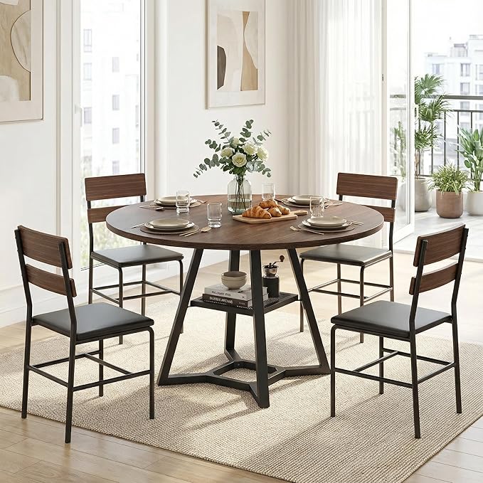 Round Dining Table for 4-6 with Storage Shelf, Kitchen & Dining Room Circle Pedestal Table, Heavy Duty Metal Frame & Wood Top