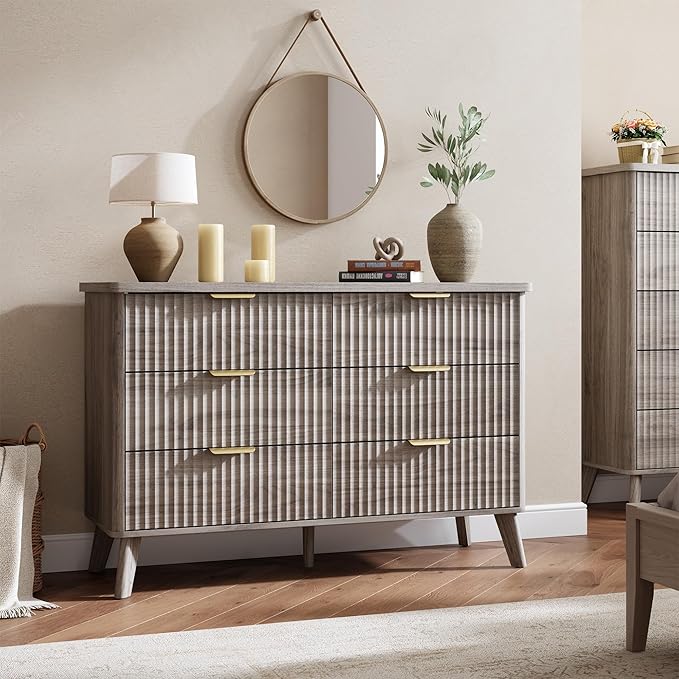 Garvee 6 Drawers Dresser for Bedroom, 47.2" Wide Dressers with Curved Profile Design, Fluted Wood Drawers with Gold Handle, Modern Chest of Dressers with Thickened Design for Living Room, Grey