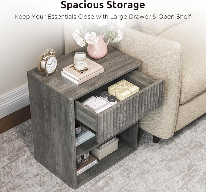 Nightstand Bedside Table Storage Drawer - Large Mid Century Modern Night Stand with Fluted Wood Storage Drawer and Open Shelf Bed Side Table for Living Room Study Room, Modern Gray, Set of 1