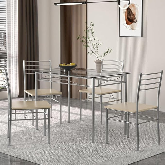VECELO 5 Piece Dining Table and Chairs Set for 4, Glass Tabletop, Small Space, Silver