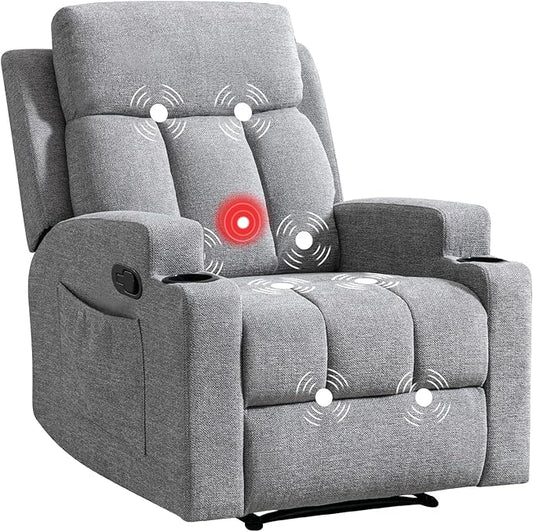 CANMOV Manual Recliner Chair with Massage & Heat,Soft Fabric Recliner Chair with Overstuffed Armrest & Backrest, Manual Reclining Single Sofa with 2 Cup Holders, Side Pocket for Living Room,Light Grey