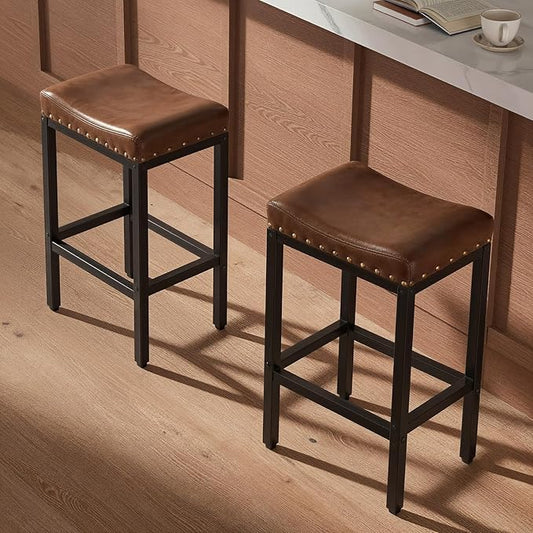 Counter Height Bar Stools Set of 2, 25.5 Inch, Industrial Vintage Bar Stool with Nailhead, Faux Leather Barstool with Footrest, Saddle Stool for Kitchen Island, Dining Room, Easy Assembly