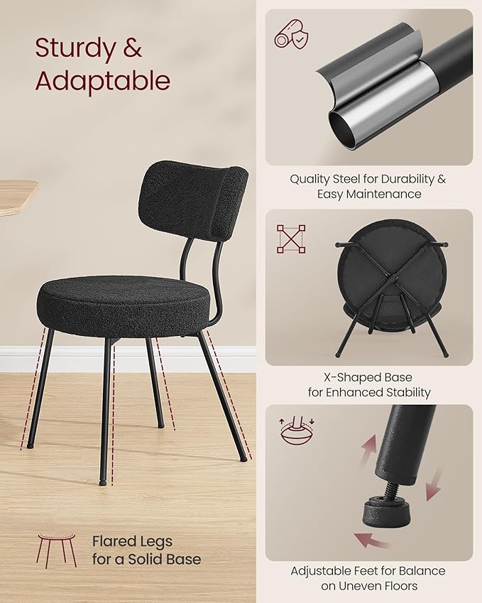 VASAGLE Boucle Dining Chairs Set of 6, Upholstered Kitchen Dining Room Chairs with Curved Backrest and Steel Frame, Modern Mid Century, Round, for Vanity, Living Room, Ink Black UKDC110B16