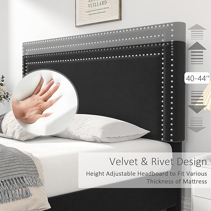 VECELO Queen Size Upholstered Platform Bed Frame with 4 Storage Drawers, Adjustable Velvet Rivets Headboard, Wooden Slats Support, No Box Spring Needed, Easy Assembly