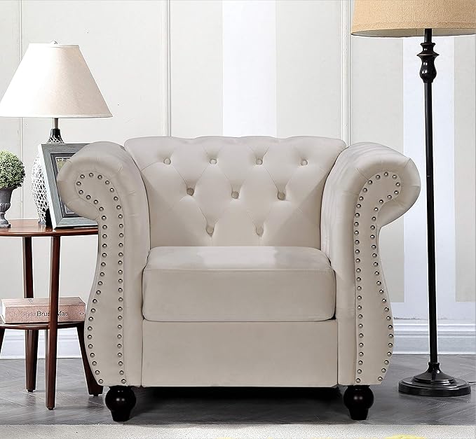 Container Furniture Direct Feinstein Modern Velvet Chesterfield Couches for Living Room with Nailheads, Diamond Tufting & Durable Metal Frame, Chair, Loveseat & Sofa, Ivory