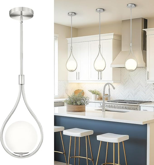 AUTELO Modern Pendant Lights Kitchen Island, 1-Light Pendant Lights in Brushed Nickel Finish with Milky White Globe Glass, Nickel Pendant Light Fixtures, Hanging Lamp for Kitchen Island H9377 MGST