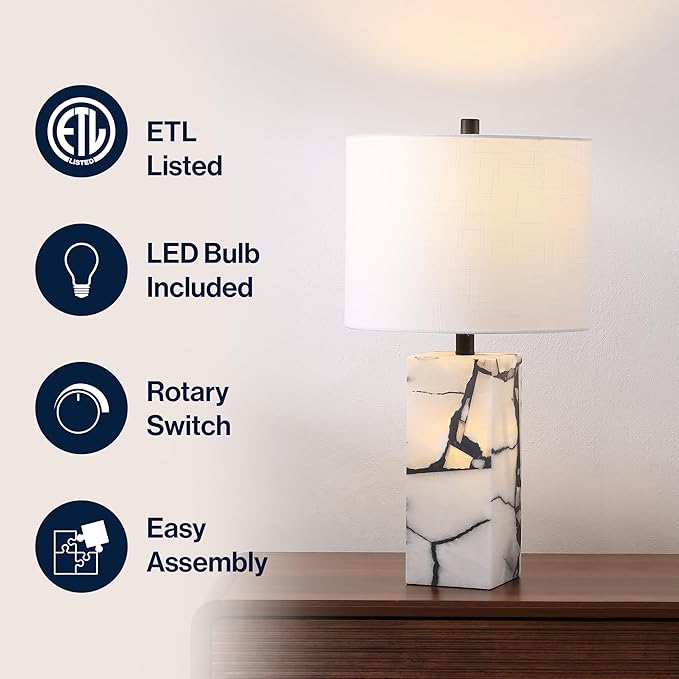 JONATHAN Y 24.25" Black/White Modern Alabaster LED Table Lamp for Home Decor, White Linen Shade, Coastal Nightstand Lamp with Built-in Base Accent Light (JYL8507A)