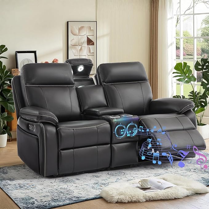 Power Reclining Loveseat with LED Reading Light/Bluetooth Speakers/Storage Drawer, Power Loveseat Recliner Sofa Wall Hugger Reclining Loveseat for Living Room(Black, 2 Seat with Console) | Outlets, USB & Type-C Ports
