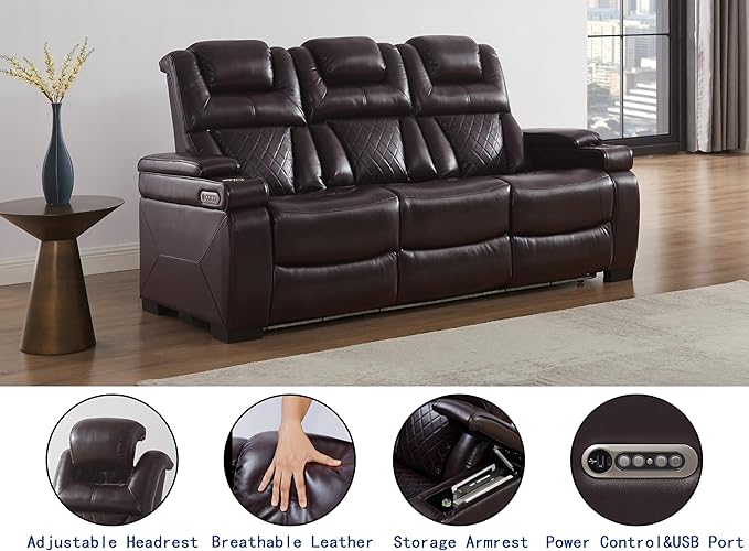 THSUPER Power Breathable Leather Reclining Sofa with 7-Color LED Light, Living Room Recliner Couch with Adjustable Headrest/Reading Light/USB Port/Storage Arm/Drop Down Table for Living Room, Brown