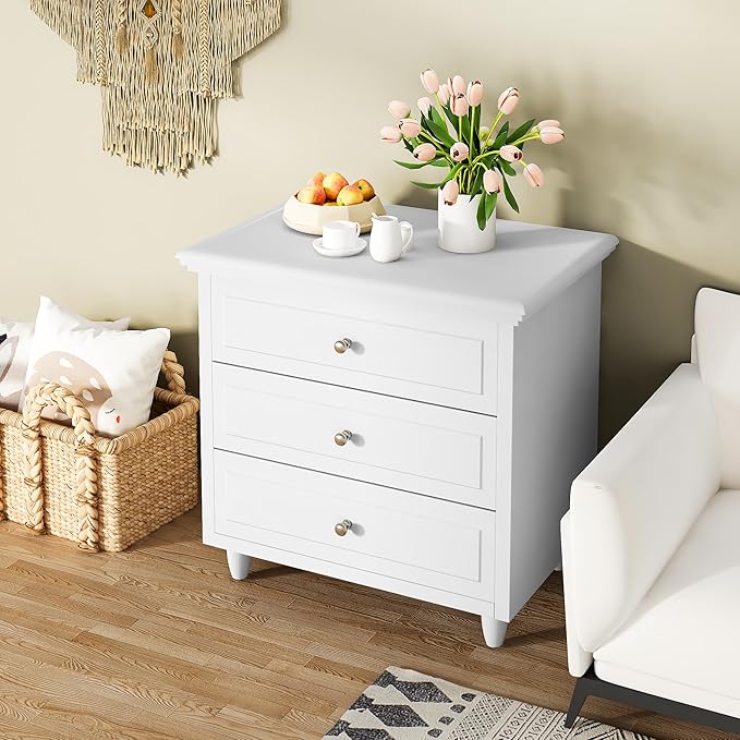 AWQM White Night Stand Set of 2, 3 Drawer Nightstand Set of 2, 22 Inch Wider Side Table with Storage, Rattan Boho Bedside Tables, End Table for Bedroom, White