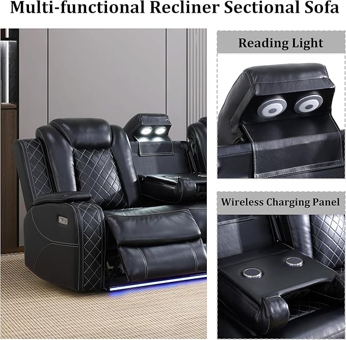 Power Recliner Sectional Sofa with LED, Breathing Leather Reclining Sectional Couch, L Shaped Couch with Dual Recliners, USB Port, Cup Holder&Storage for Living Room (Black)