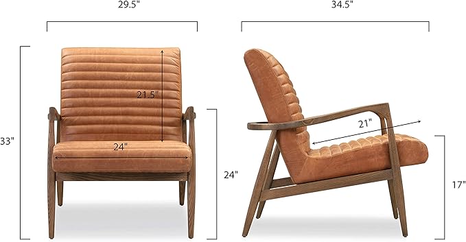 Poly & BARK Rowan Lounge Chair – Mid Century Modern Leather Armchair with Ribbed Seat and Solid Ash Wood Frame, Cognac Tan