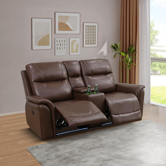 2 Piece Power Recliner Sofa for Living Room, Breathing Leather Reclining Couch and Loveseat Set with LED Lighting, Cup Holders, Storage Console&USB Port for Home Theater Seating (Brown)