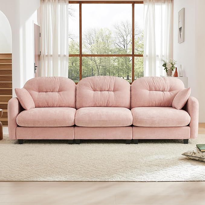 KEIKI 107" Oversized Chenille Modular Sectional Sofa with High-Density Foam Cushion and Tufted Pleated Cushion Backrest, Upholstered Modern 3-Seater Cloud Couch with 2 Pillow, for Living Room, Pink