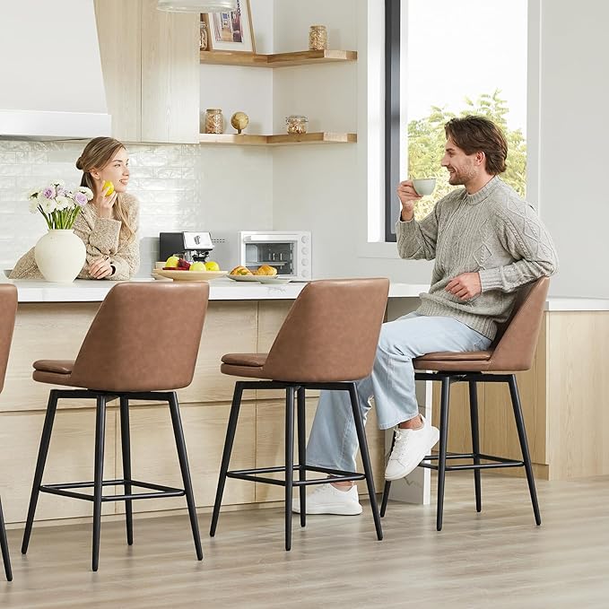 CHITA Swivel Bar Stools, 27.2" Counter Height Bar Stools Set of 2, FSC Certified Upholstered Modern Counter Stools, Metal Legs, Faux Leather, Saddle Brown