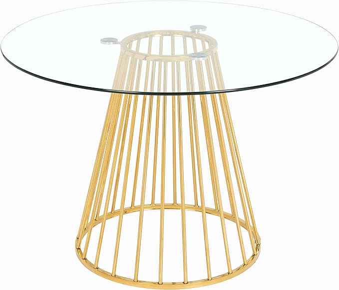 Meridian Furniture Gio Collection Modern | Contemporary Clear Tempered Glass Top Table with Wired Design, Durable Metal Base, Dining, Polished Gold Finish