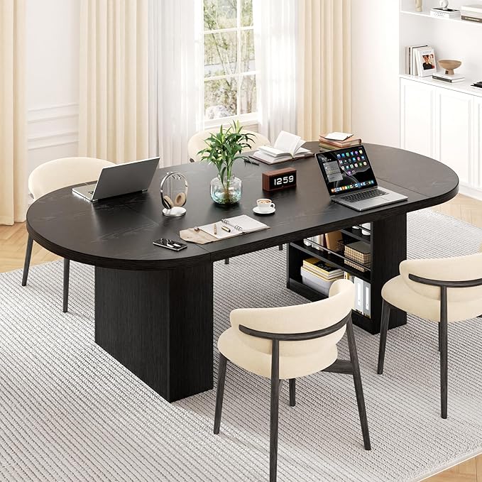 70.8" Oval Dining Table for 6 8, Modern Dining Room Table with Storage, Wood Kitchen Table with Heavy Duty Legs, Dinner Tables for Kitchen Dining Room (Black)