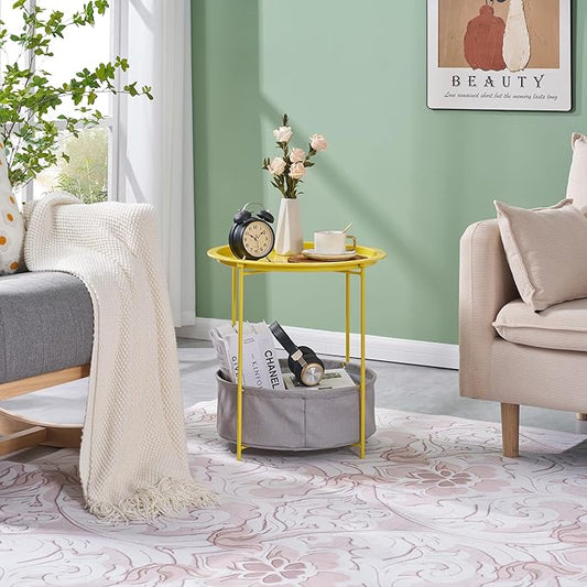 VECELO Round Side/End Table with Fabric Storage Basket，Metal Anti-Rust and Waterproof Small Bedside Nightstand with Removable Tray Top for Living Room，Balcony & Laundry，Yellow /1pcs with Basket