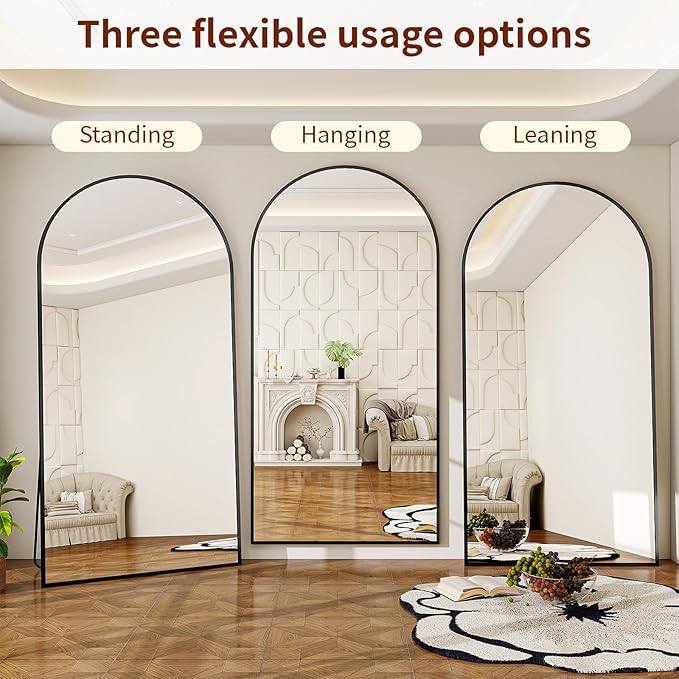 71" x 30" Arch Full Length Mirror - Floor Full Body Mirror with Aluminum Frame - Standing, Leaning or Hanging, for Bedroom, Living Room, Black