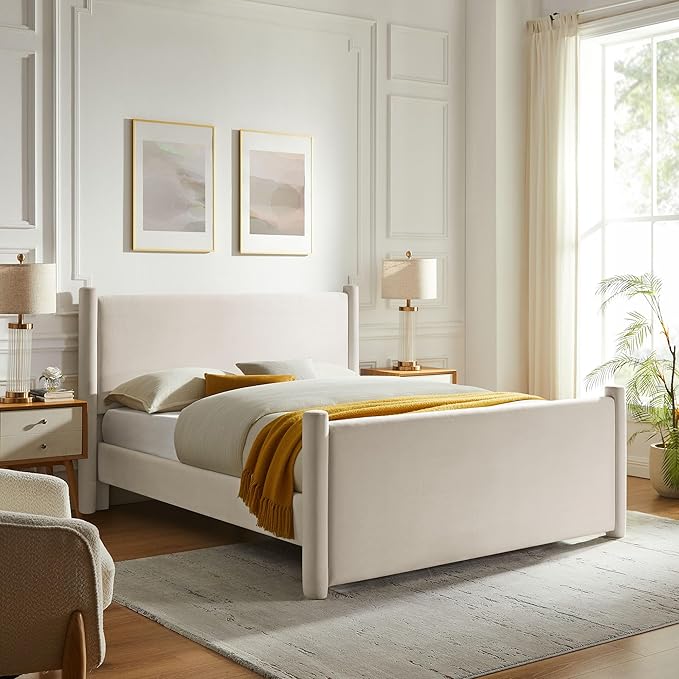 Modway Rael King Platform Bed Frame with Upholstered Headboard and Footboard in Alabaster – Stain-Resistant Performance Velvet King Size Bed with Rounded Posts