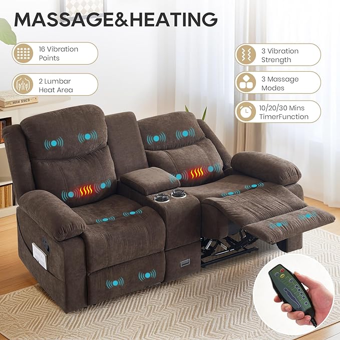 Recliner Sofa, Reclining Loveseat Sofa with Massage & Heat, Reclining Couch with Side Pockets, Extra Storage, Cup Holders for Living Room