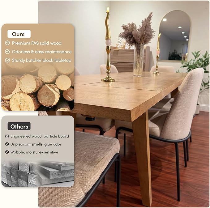Hevea Premium Solid Wood Extension Dining Table, Expandable Table for 4 to 8 Seats, Adjustable Modern Wooden Dining Furniture (Chairs Sold Separately)