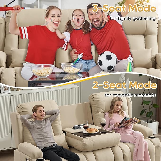 IPKIG Power Loveseat Recliner Sofa with Flip-Up Backrest Console, USB & USB-C Ports, AC Outlet, LED Lights, Wall Hugger Recliners for Living Room, RV, Home Theater (Beige, 76.8" - 3 Seat) | Leathaire Fabric, Zero Gravity, Dual Reclining, 2 Lumabr Pillow