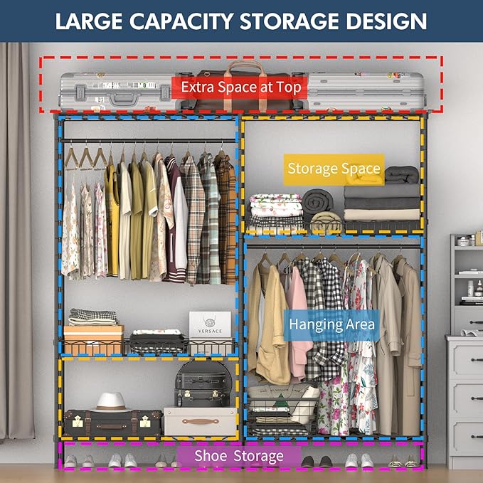 70 inch Heavy Duty Portable Closet Rack with Baskets, Steel Armoire Closet System, Clothing Organizer for Bedroom