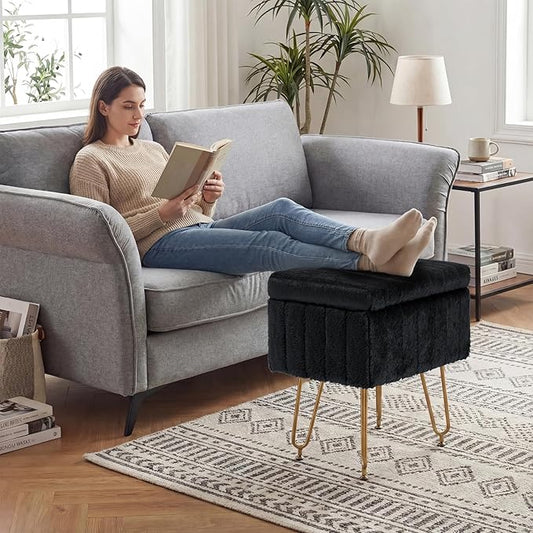 DUMOS Vanity Stool Chair with Storage, Small Ottoman Faux Fur Soft Padded Footstools Seat with 4 Metal Legs Anti-Slip Adjustable Feet Modern Footrest for Home Entryway Bedroom Makeup Black