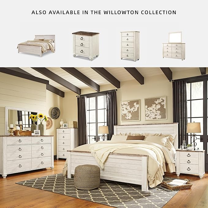 Signature Design by Ashley Willowton Casual King Panel Bed with Metal Slats, Foundation or Box Spring Needed, Whitewash