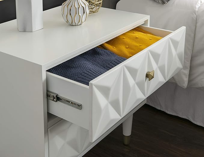 Linon Home Décor Sheerah Two Drawer Geo Texture White Nightstand, Gold