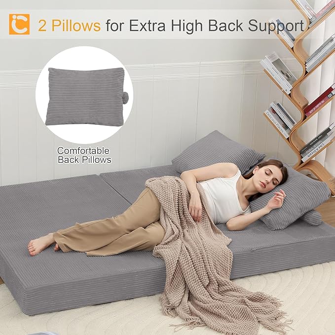 COMAX Futon Sofa Bed, Convertible Folding Sofa Bed, Boneless Couch Loveseat Corduroy with Pillows, Small Foldable Floor Couch Comfy Lounge Sleeper for Living Room Bedroom, Light Grey