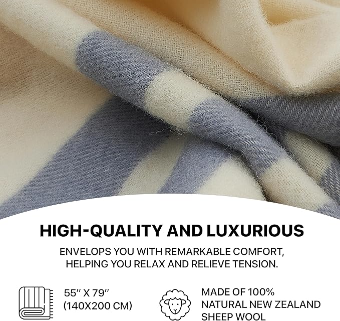 | Wool Blanket/Throw | 100% New Zealand Wool | Perfect for Home and Outdoors | Virgin Wool Blanket with Fringes 55"x79" (140 x 200 cm)